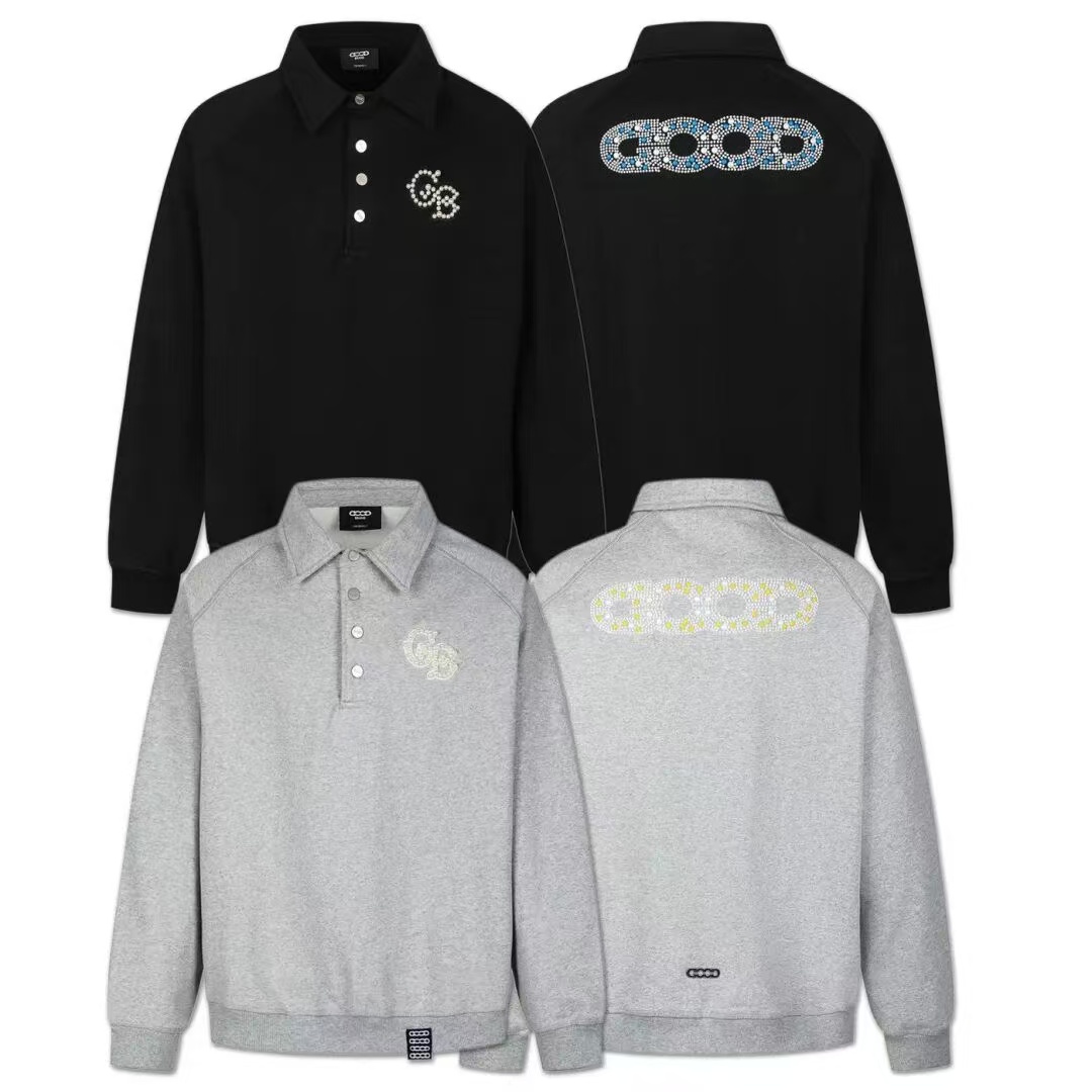 GOOD clothing product layout showing black and grey tops from the front and back