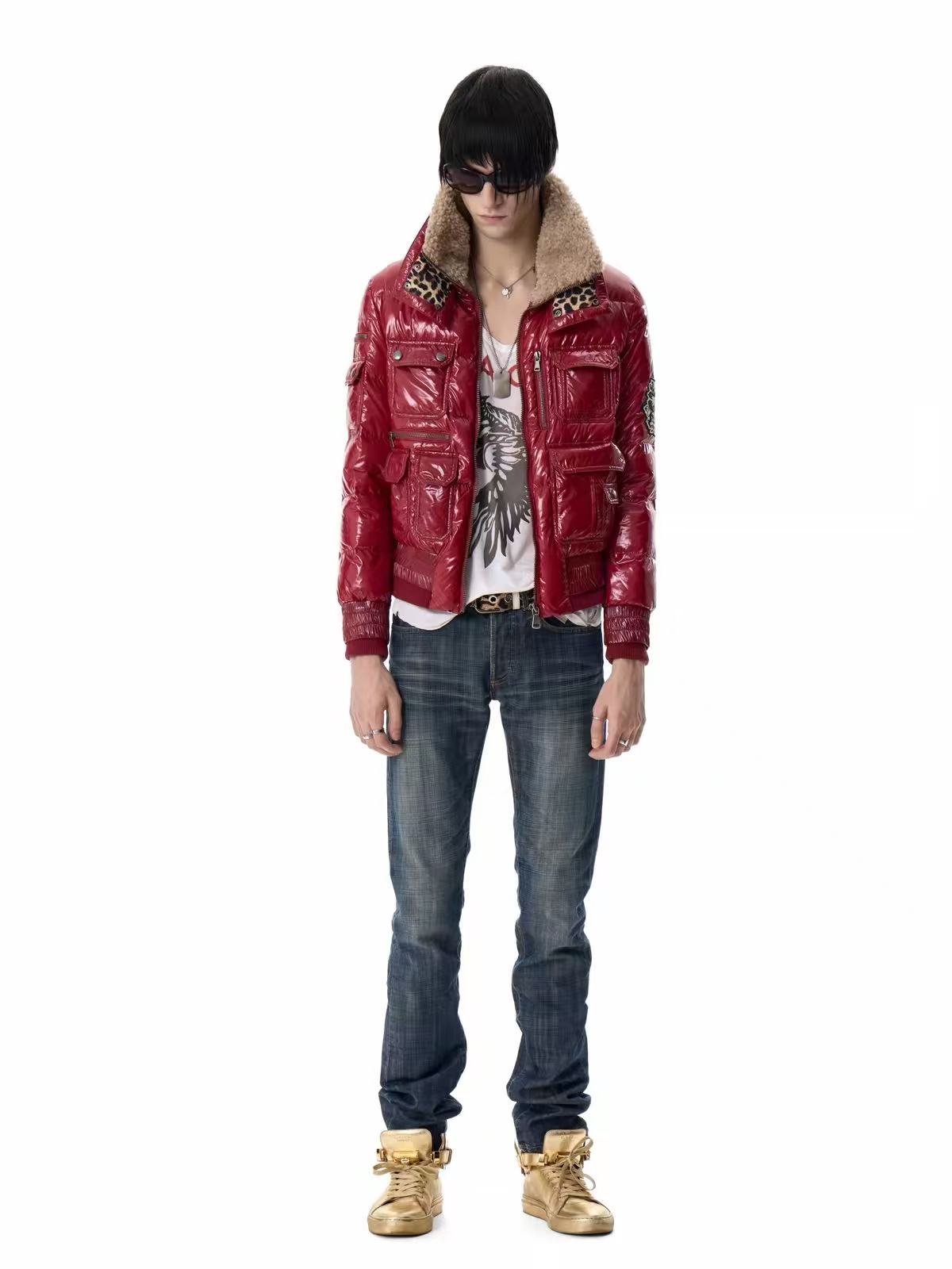 Front styling of red glossy jacket with jeans and gold shoes