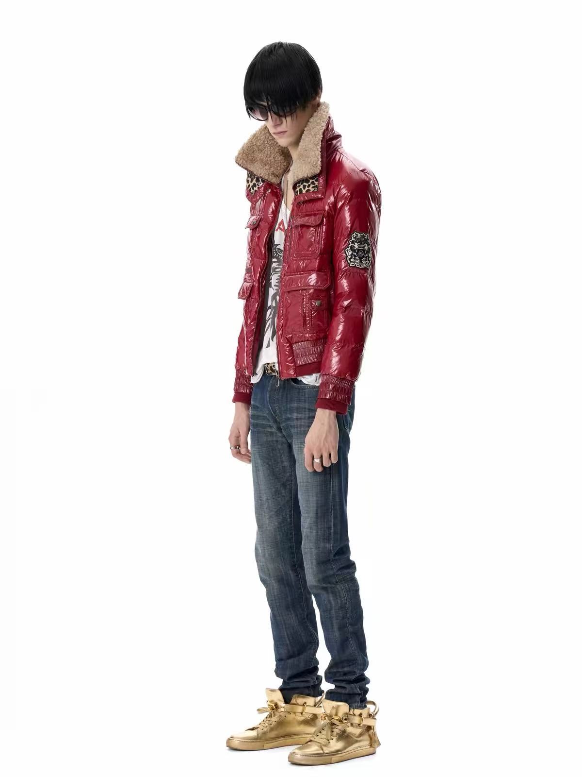 Side view of red glossy jacket and denim styling