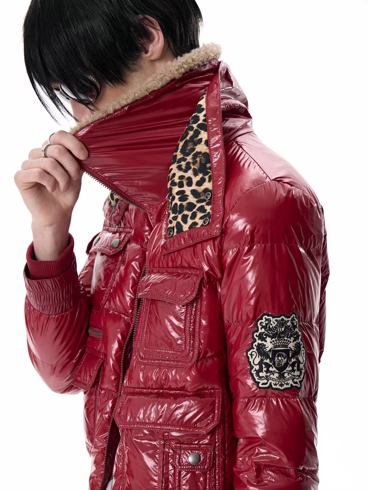 Detail of the red jacket collar, leopard trim and sleeve patch