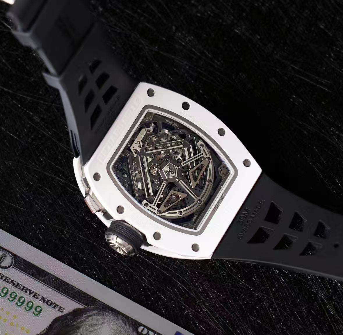 Close-up of the watch movement and case back